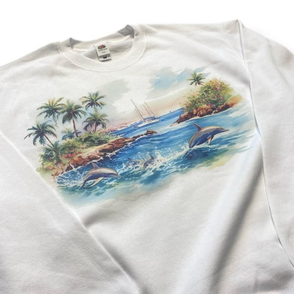 White Vintage 90s O-Neck Sweatshirt Dolphin Print - L-Size - Soft Cotton Blend - Relaxed Fit -