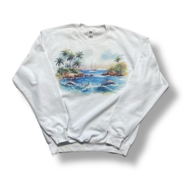 White Vintage 90s O-Neck Sweatshirt Dolphin Print - L-Size - Soft Cotton Blend - Relaxed Fit -